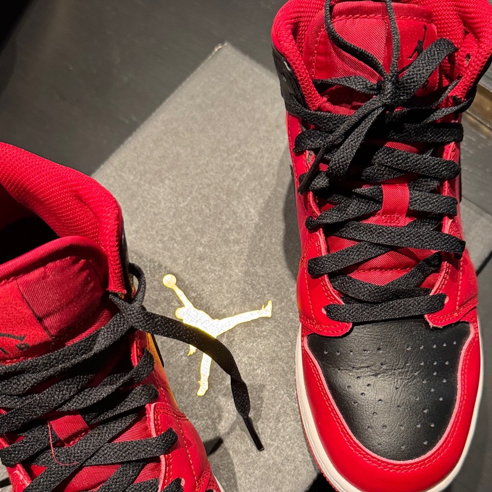 Air Jordan 1 Mid Black and Red High-Top Sneakers - Picture 2 of 6